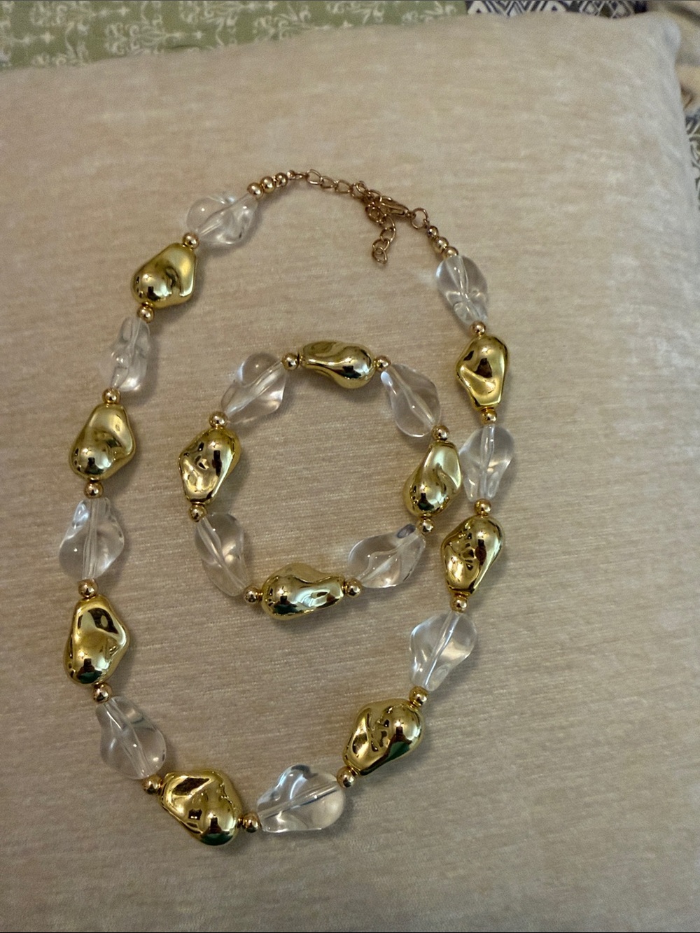 Treasure Jewels Gold and Clear Beaded Necklace and Bracelet Set -16” w/3” ext